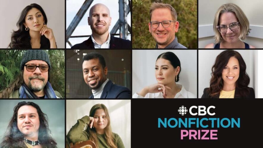 A collage featuring the 10 readers for the 2025 CBC Nonfiction Prize. From left to right, top row: authors Sadiya Ansari, Sean Carleton, Justin Giovannetti Lamothe, and Adrienne Gruber. Middle row: Joseph Kakwinokanasum, Perry King, Amy Lin, and Lori McKay. Bottom row: Jared Tailfeathers and Josie Teed. The CBC Nonfiction Prize logo is displayed at the bottom of the image.